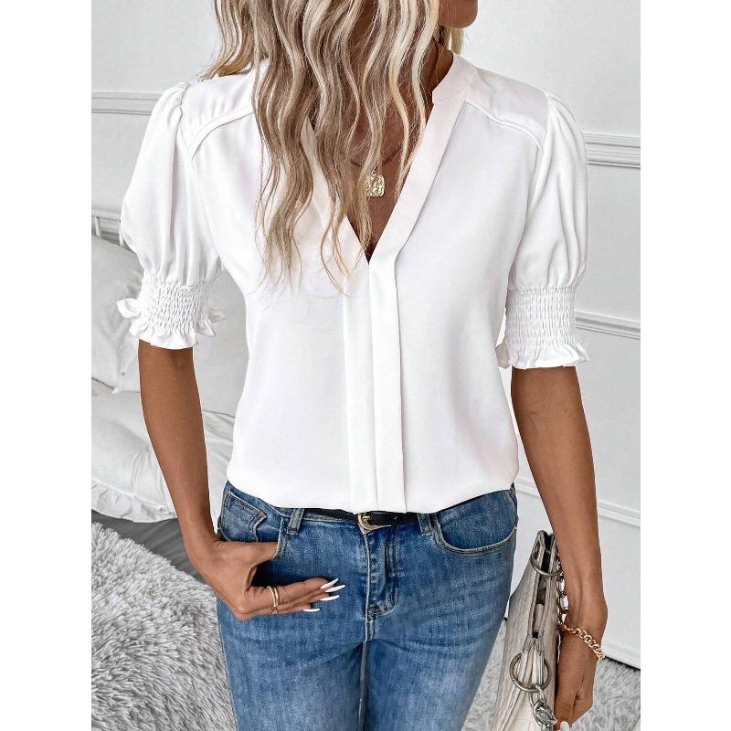 Women's Summer New V-neck Pure Color Fashion Temperament Bubble Sleeve Pure Color Shirt Blouse