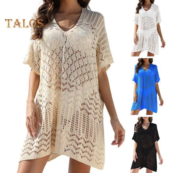 Women's Mesh Crochet Swimwear Cover-Up V-Neck Short Sleeve Hollow Out Beachwear Loose Fit Bikini Cover Up Dress for Vacation Travel
