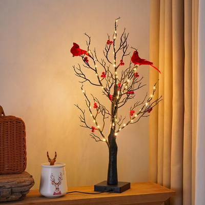 Vintage Glowing Tree with Cardinals Twinkle Trees Lamp Lifelike Berry