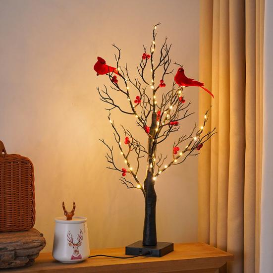 Vintage Leuchtender Baum mit Kardinälen Funkelnde Bäume Lampe Lebensechte Beere