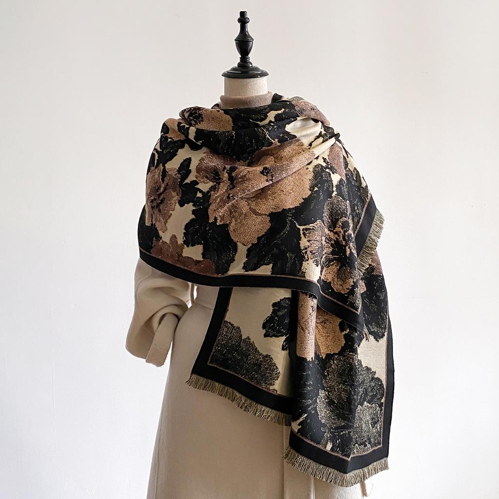 Women Winter Thick Warm Faux Cashmere Scarf Fashionable Luxurious Blanket Scarf Patterned with Design
