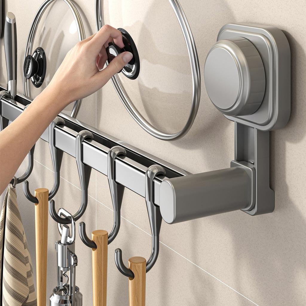 Suction Cup Kitchen Hook Rack No Drilling Storage Rack with Hooks for Pots, Pans, Spoons, Knives Wall-mounted Storage for Items