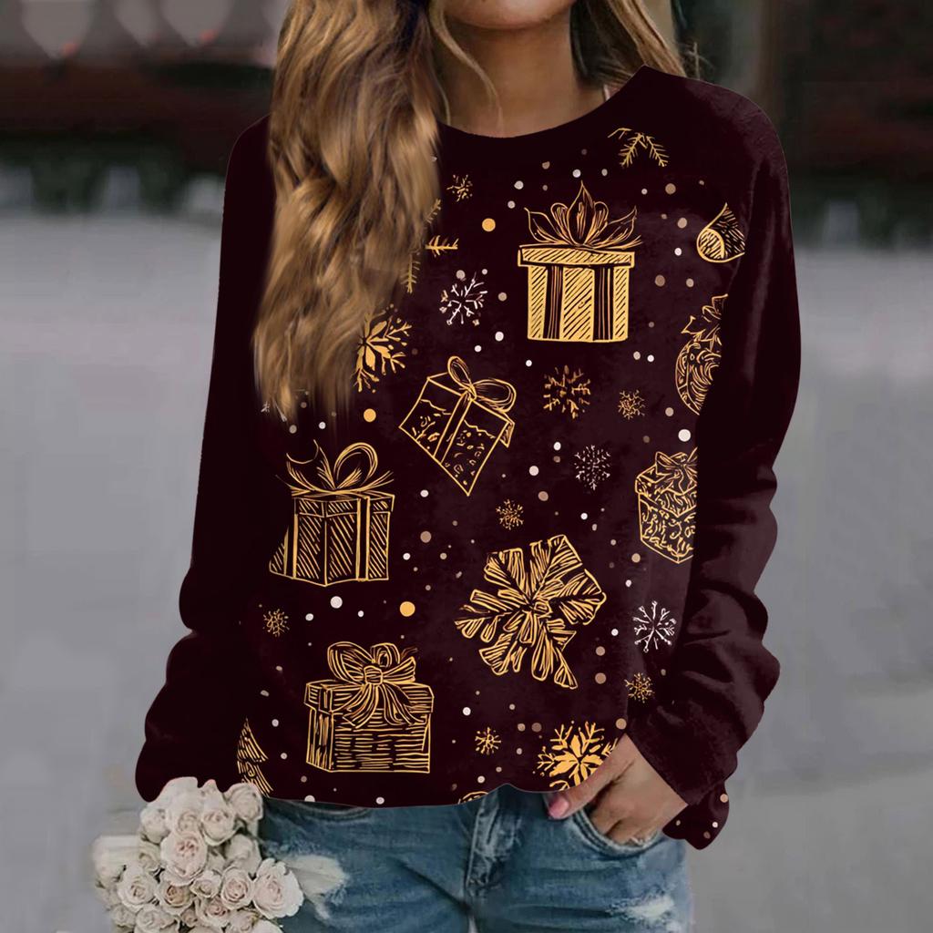 Women's Fashion Casual Long Sleeve Christmas Printed  Neck Sweatshirt Top