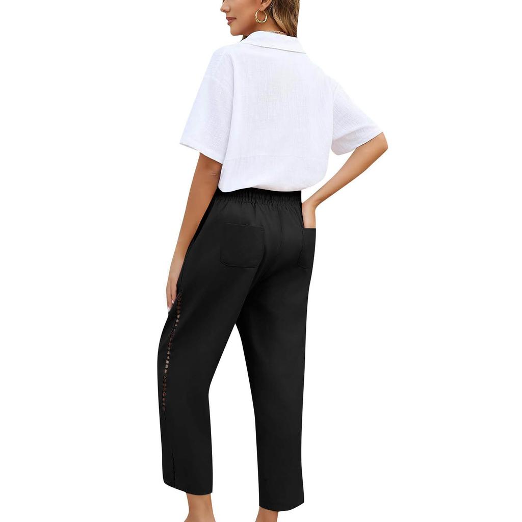 Women Elastic High Waist Pant Casual Fit Wide Leg Long Pants Trousers With Pockets