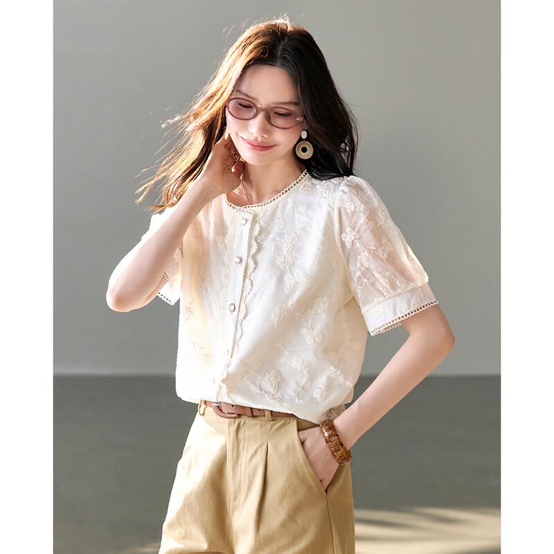 TERRE BLEUE Women's Lace Short-Sleeve Casual Shirt