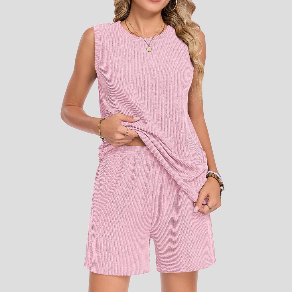 Women Sleeveless Crew Neck Tank Top and Shorts Set with Pocket Relaxed Fit Two Piece Outfits for Daily Wear