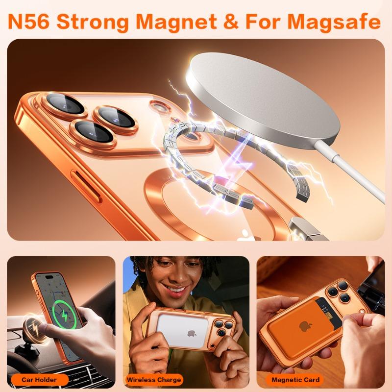 Fashion Orange Magnetic Clear Case For iPhone Air 17 16 15 14 13 11 12 Pro Max Plus Wireless Charge Plating Soft Business Cover