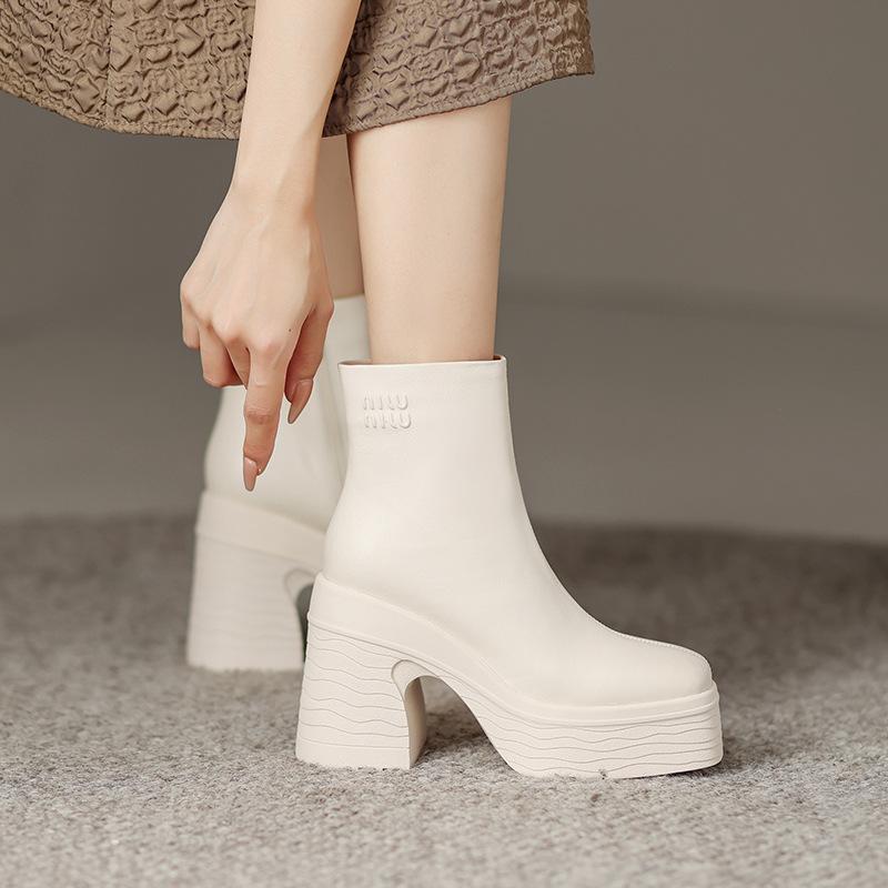 High-heeled thick-soled leather Martin boots 2025 new British style simple and versatile square head waterproof table thick-heeled short boots women