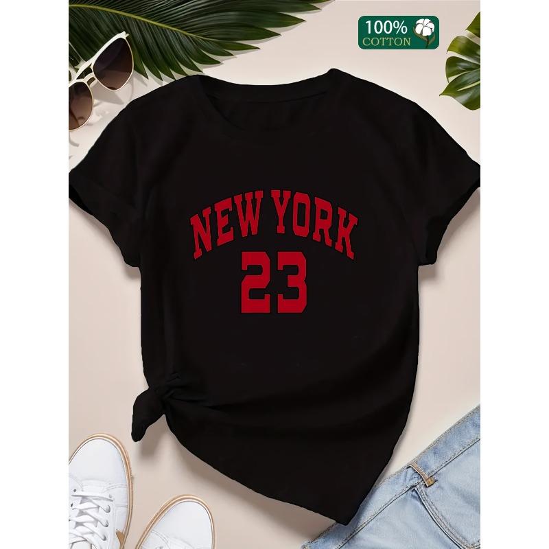 European Sizes NEW YORK 23 Graphic T-Shirt Casual Crew Neck Tee, Short Sleeve, Regular Fit Knit Fabric Top with Rib-Knit Detail for All Seasons