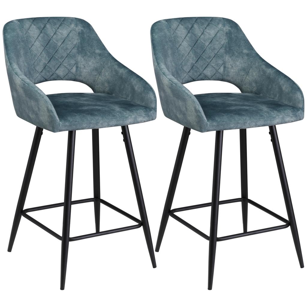 Bar Stools Set of 2, Velvet-Touch Fabric Counter Height Bar Chairs, Kitchen Stools with Steel Legs for Dining Area, Kitchen Island Barstools, Blue