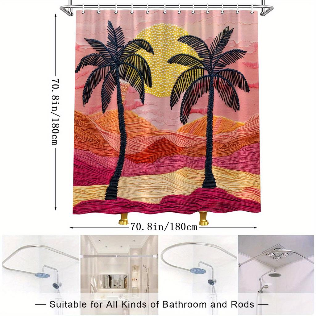 Hand-Stitched Sunset Desert Shower Curtain - Palm Trees & Golden Sun, Serene Landscape Art, Warm & Inviting Bathroom Decor