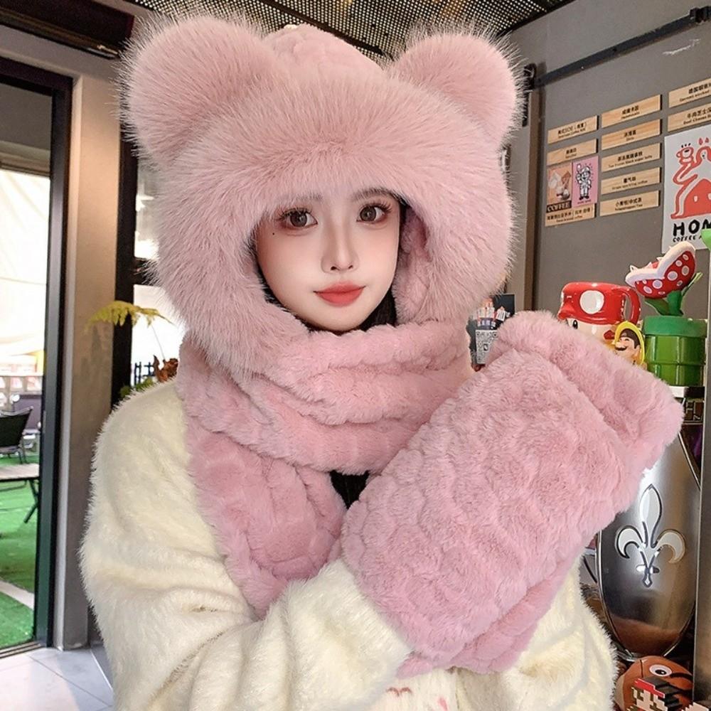 Warm 3-in-1 Cap Scarf Gloves Set Winter Integrated Cap Scarf Bear Ear Hooded Scarf for Women