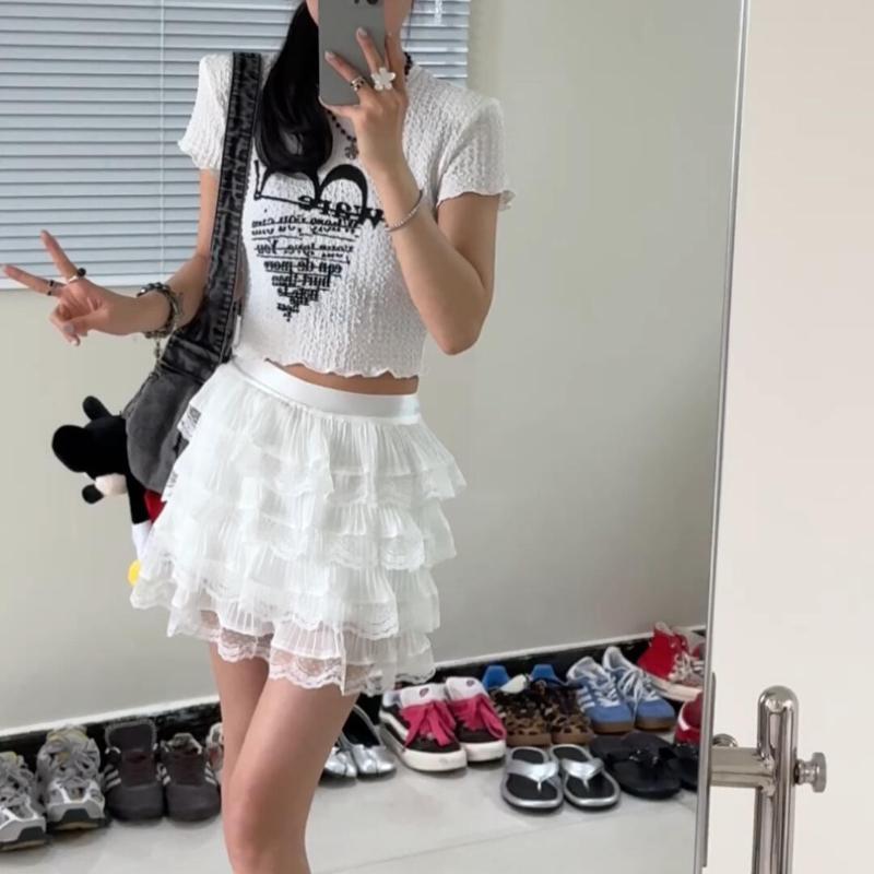 Women's Summer Spring Lightweight Chiffon Mini Skirts A Line Skirts Fashion Foreign Style Lace Layer Cake Skirt Short Skirt