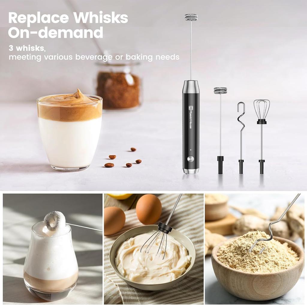 Maestri House Rechargeable Milk Frother, Electric Milk Frother, Waterproof, Powerful, One-Button, Japanese Instruction Manual (Black)