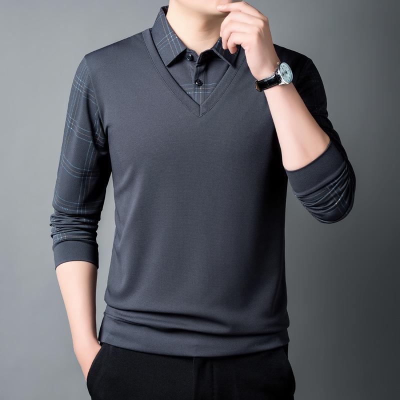 Pánská ležérní pletená košile s dlouhým rukávem a fleecovou podšívkou, vyšívaná kostka, vzhled vrstvení, klopový límec, mírně pružná tkanina na podzim/zimu