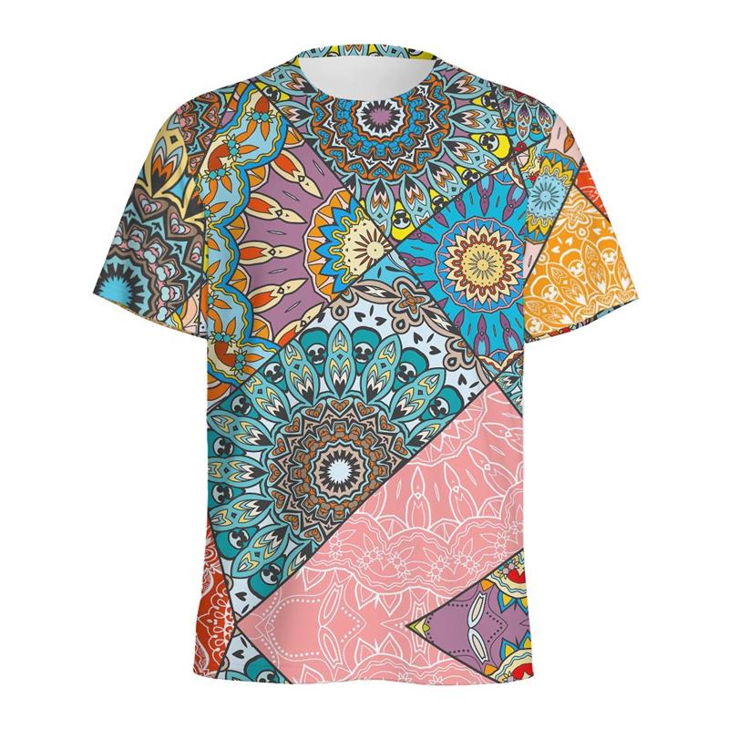 Retro Flower Mandala Pattern T-shirt Men Summer 3D Printed Ethnic Floral T Shirt Women Round Neck Short Sleeve Street Loose Tees