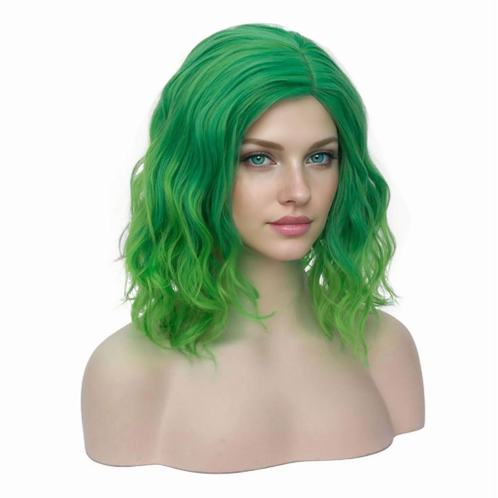 Synthetic Short Curly Bob Wavy Wig Girls Ombre Green 14" Body Wave Shoulder Length Hair Wig Halloween Cosplay Daily Party Wigs