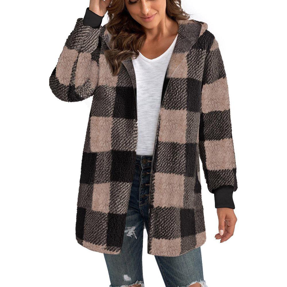 Women's Autumn/Winter Hooded Plaid Plush Cardigan Jacket