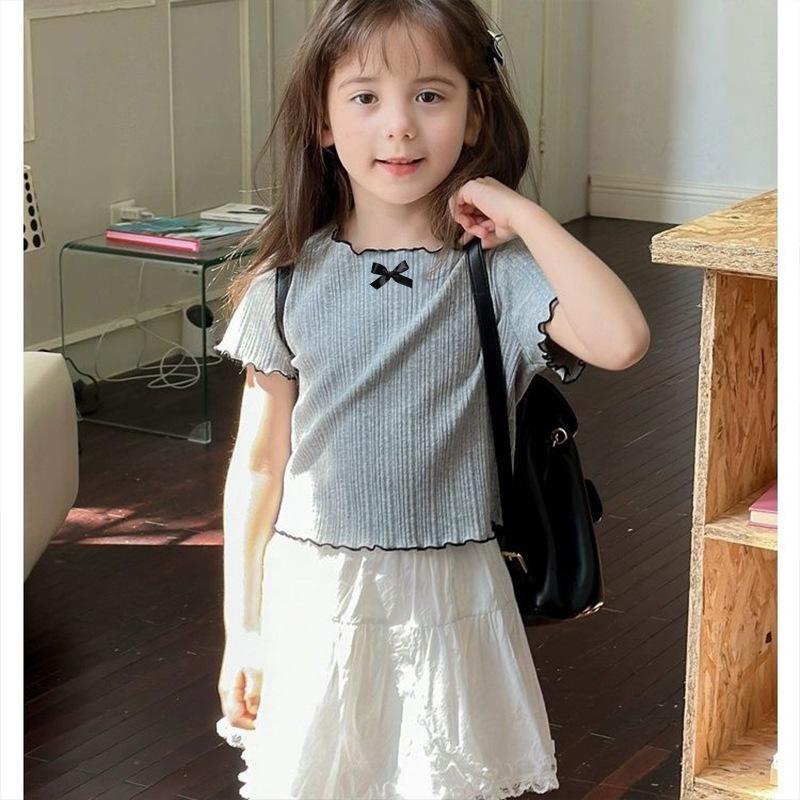 Girls' Ice Silk Ruffle Bow Top - Korean Style Short Sleeve Summer Fashion