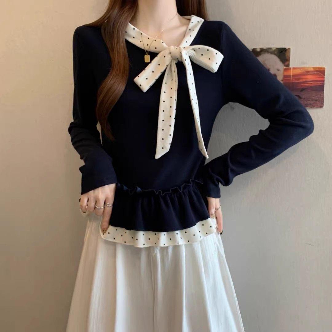 

Designer Plus Size Corduroy Patchwork Long Sleeve T-Shirt - Women s Slimming Autumn/Winter 2025 M (Recommended 80-100 jin) темно-синий