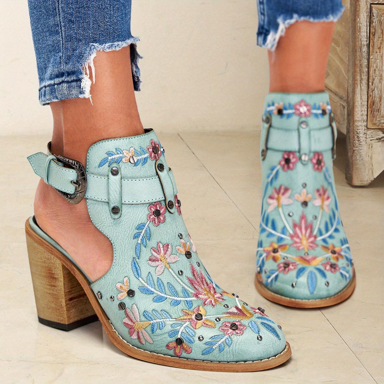 

[Vintage Ankle Boots] 2025 New Chunky Heel Ankle Boots | Women s Pointed Toe Floral Vintage Style with Comfortable Open Back Strap 40 світло-синій колір