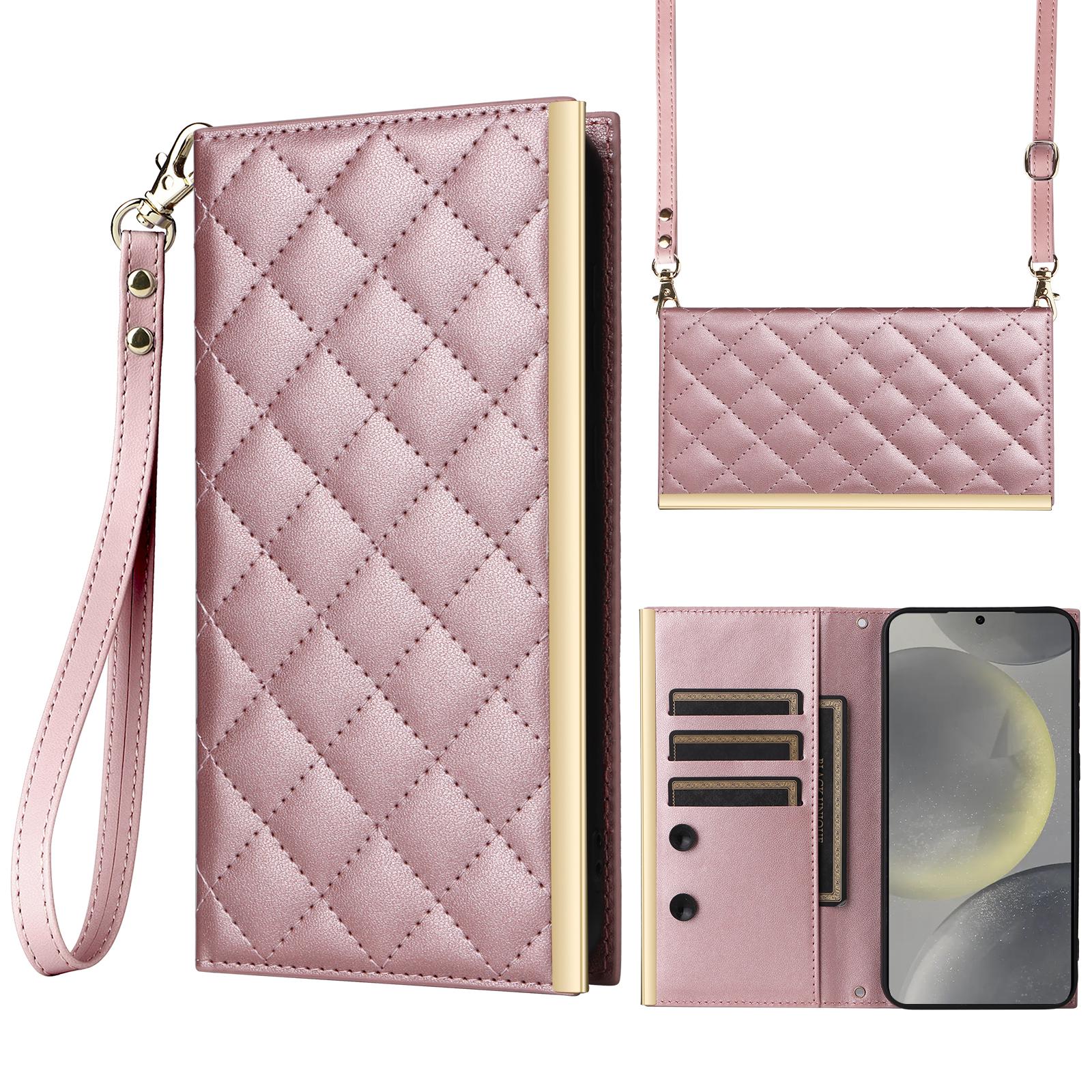 

For Samsung Galaxy S25+ Case Suction Cup PU Leather Wallet Phone Cover with Straps Rose Gold