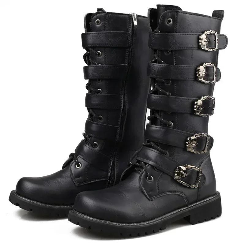 Fashion Men's Combat Boots Winter Plush Leather Motorcycle Boots Outdoor Shoes for Men Punk Platform Gothic Combat Boots High-top Shoes