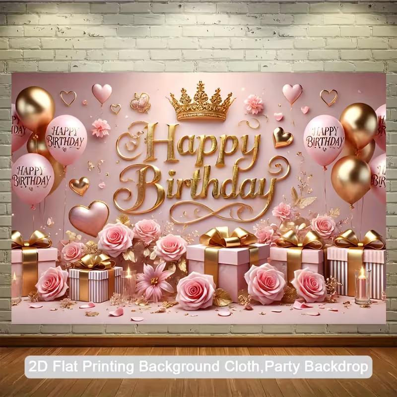 2D Pink Gold Crown Happy Birthday Tapestry Photography Backdrop 47.2x31.5inch/120*80cm