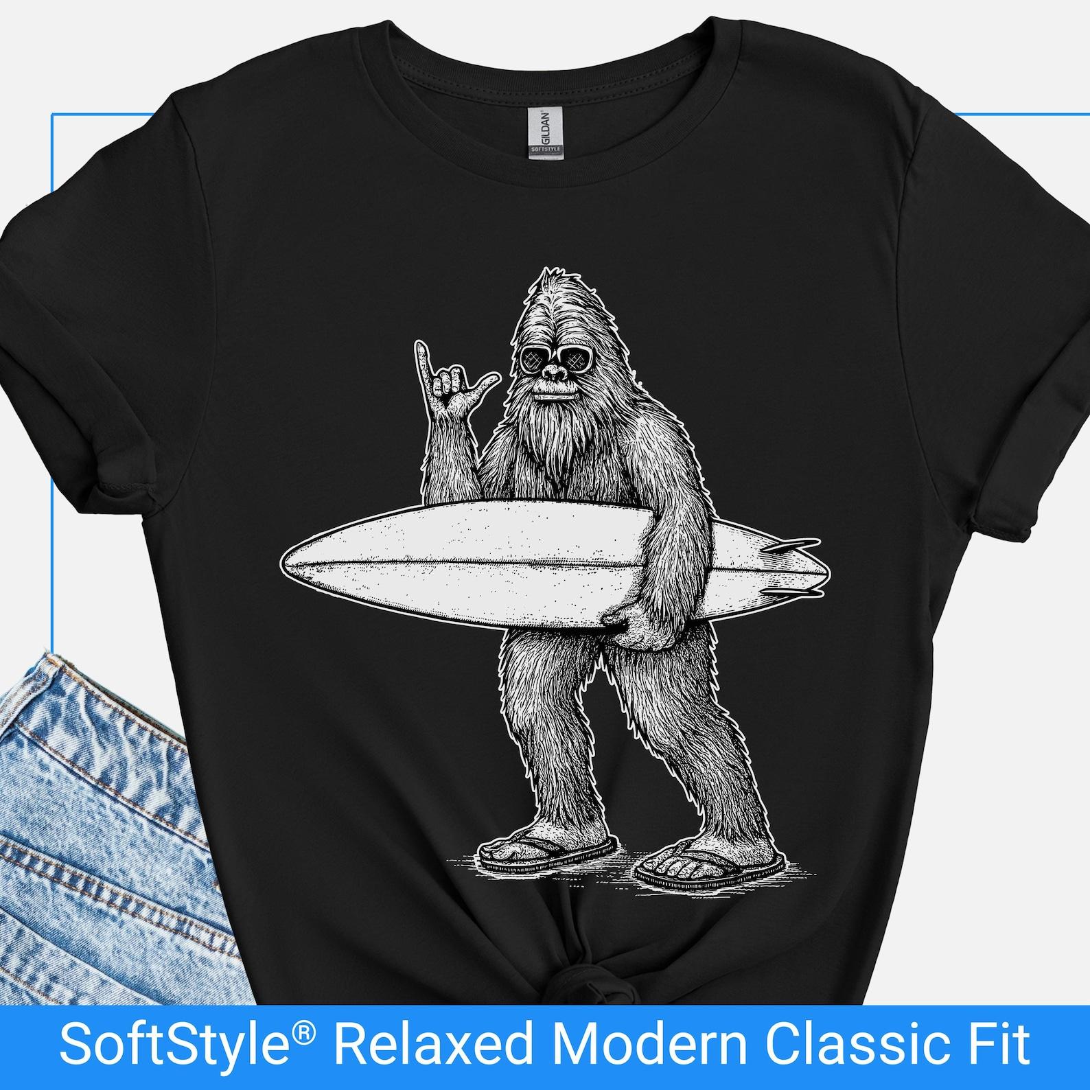 Funny Bigfoot Surfer Shirt, Sasquatch Surfershirt, Surfer Aesthetic T Shirt, Surfer Vibe Tee, Surfer Gift Shirt, Hang Ten Shaka Sign Shirt M