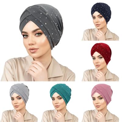 2025 Neue Mode Stirn Kreuz Hijab Mützen Heiße Diamant Einfarbige Turban Haube Muslimische Damen Kopfbedeckung