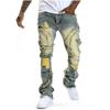 BeatStreet Nuovi Jeans Casual da Uomo Europei e Americani, Moda Street Punk, Retro, Buco Strappato, Jeans Elastici Leggermente Svasati con Frange