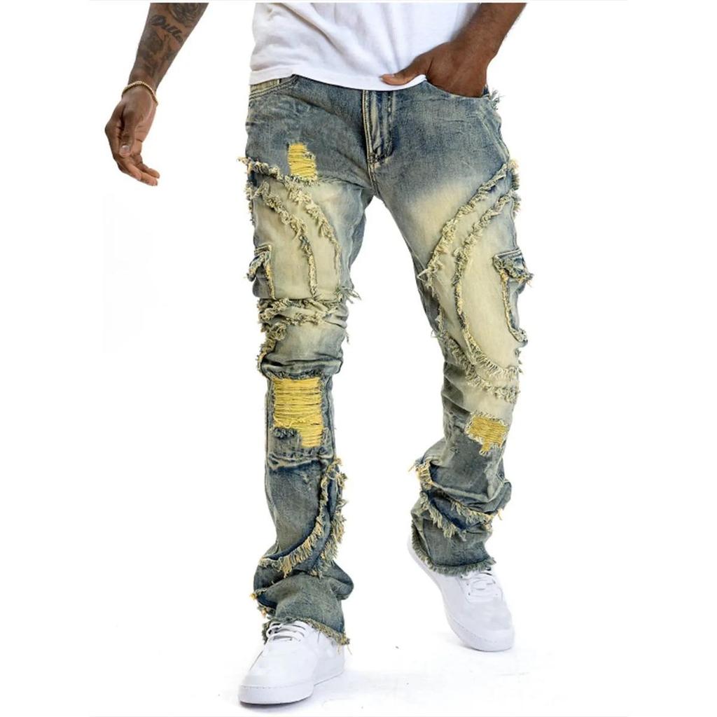 BeatStreet Nuovi Jeans Casual da Uomo Europei e Americani, Moda Street Punk, Retro, Buco Strappato, Jeans Elastici Leggermente Svasati con Frange
