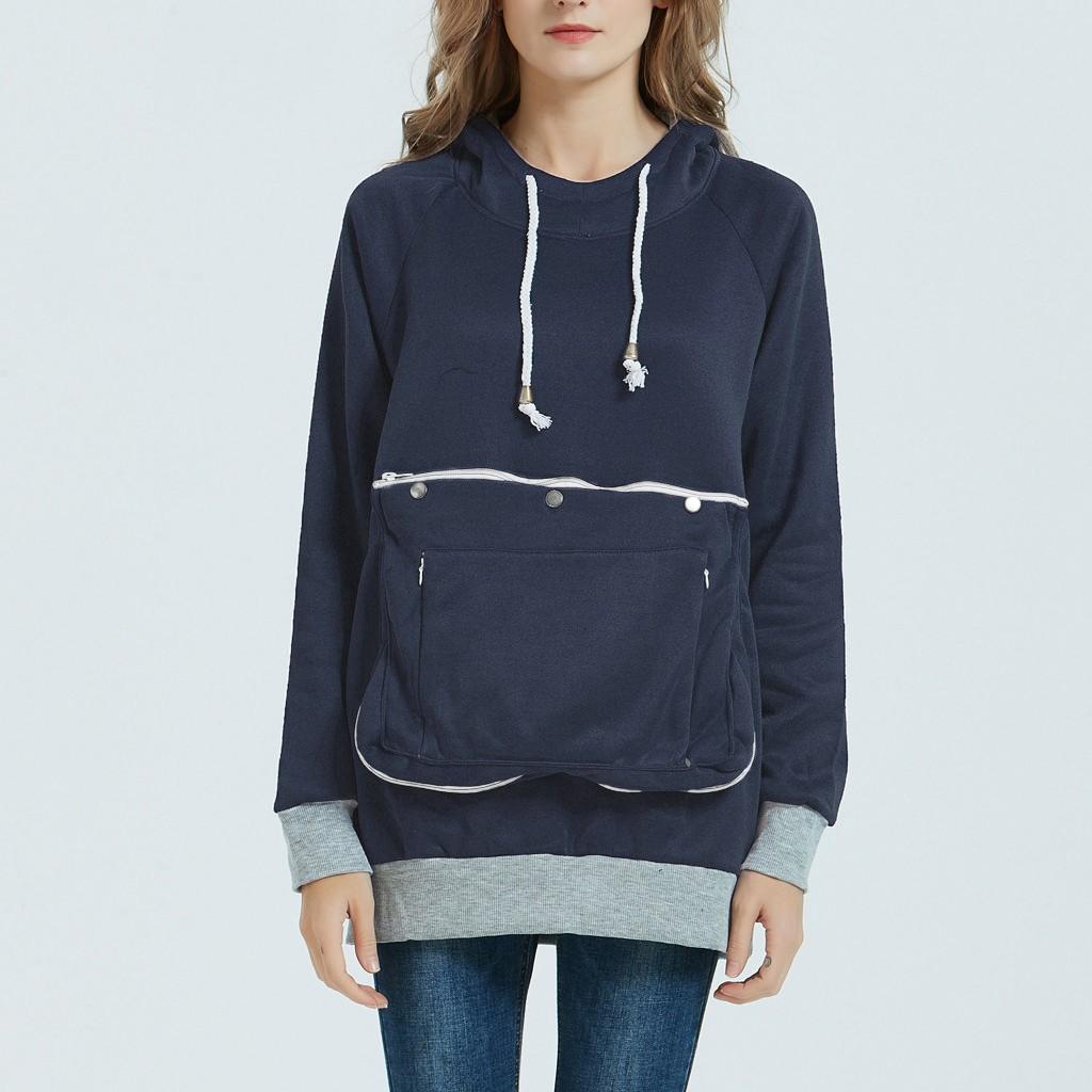 Fashion Women's Solid Big Pocket Long Sleeves Hooded Sweatshirt Blouse Tops