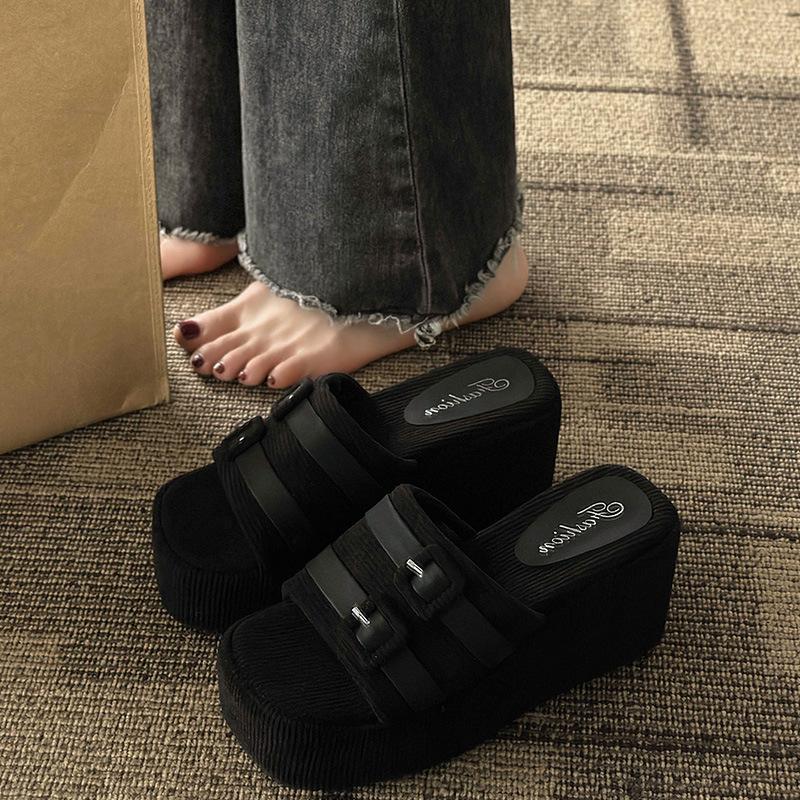 

Slippers women s outer wear summer new versatile women s shoes square buckle muffin thick bottom one-word drag 40 чёрный