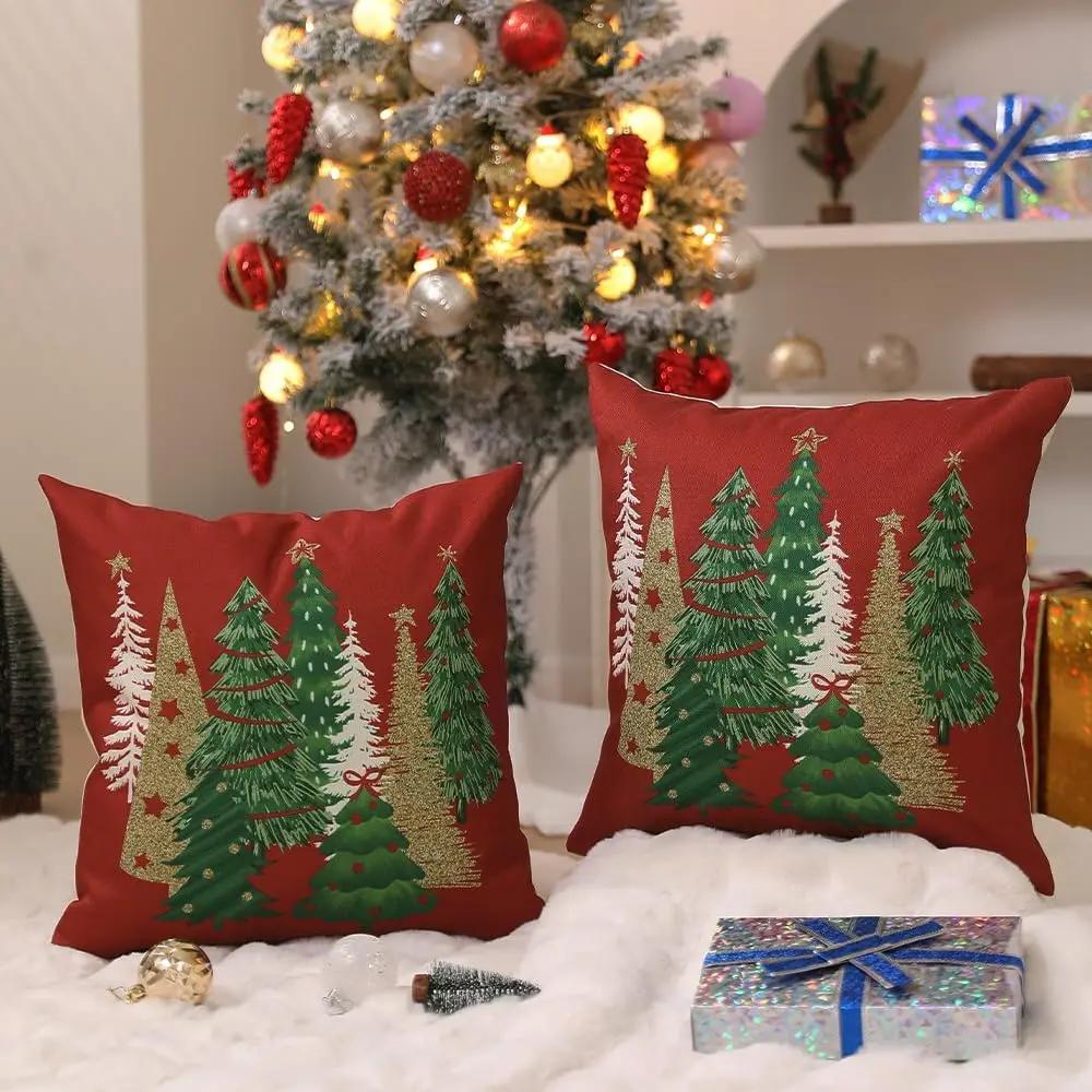 Christmas Pillow Covers 18x18 Inch Christmas Tree Decorative Red Throw Pillows Winter Christmas Decor for Home Couch Sofa Bed