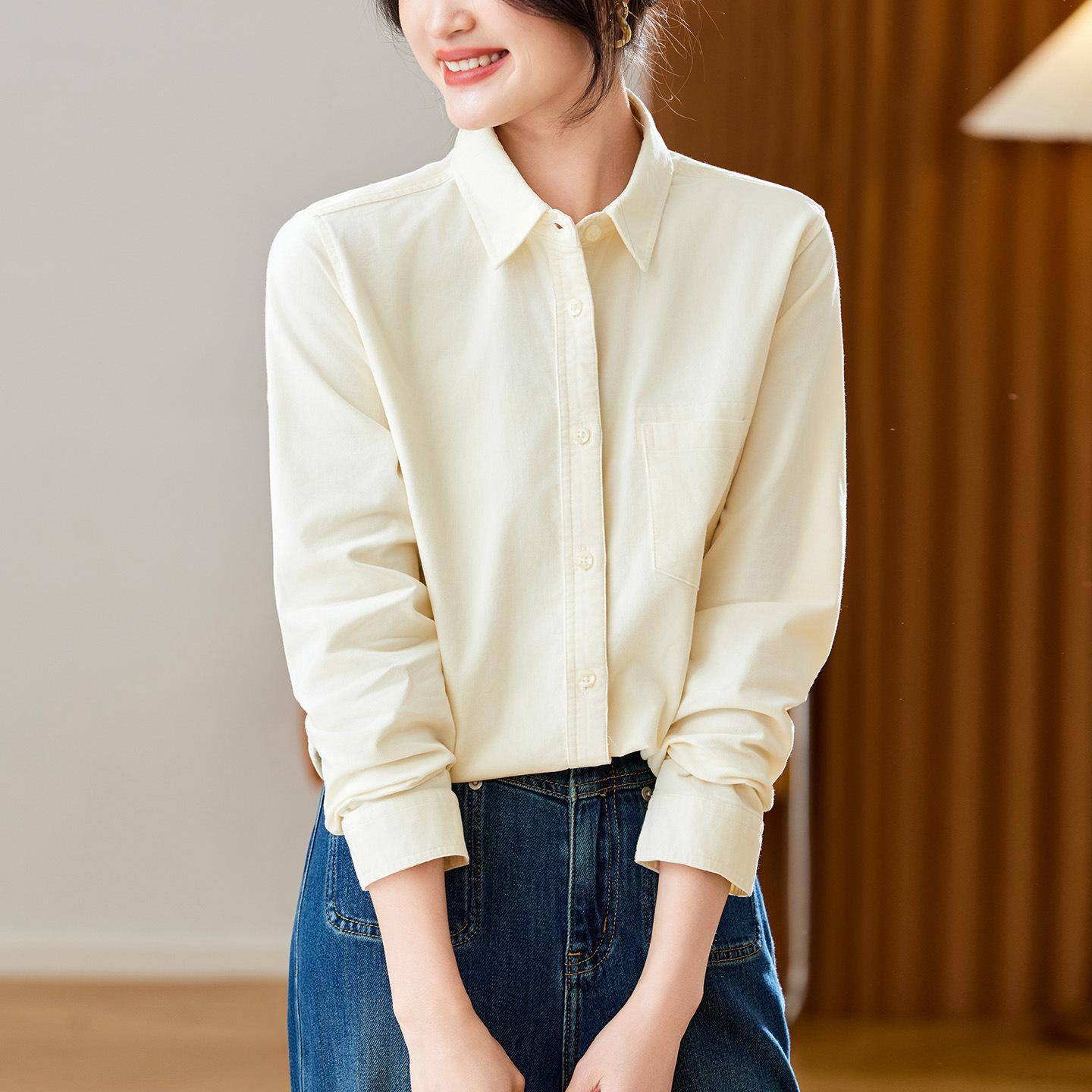 Women s Long Sleeve Corduroy Shirt - Thickened Cotton Cocoon Style for Spring/Autumn 2026 L бежевый