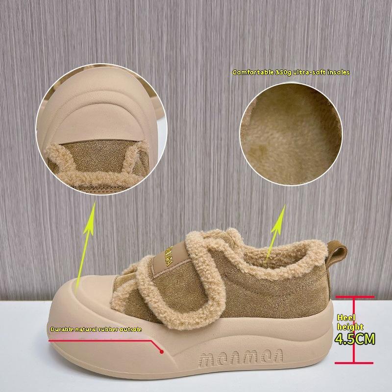 Genuine Leather and Velvet Loafers for Women Winter Velcro Retro Sneakers Thick-soled White Shoes All-match Shoes