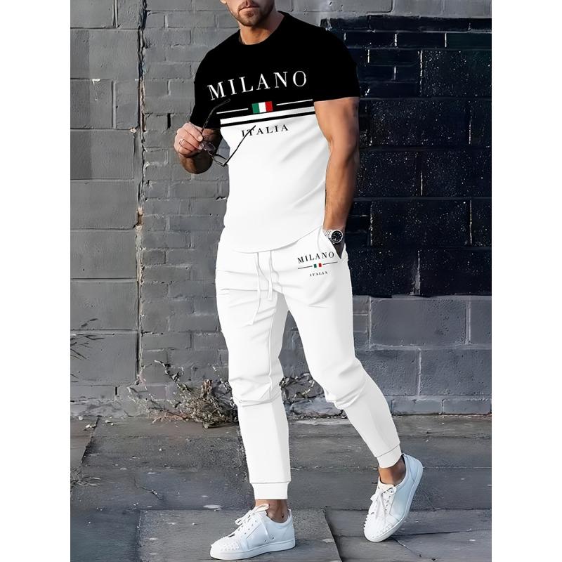 Simple Crown Casual Men's Thin Short-sleeved And Long Pants, Urban Street Casual Men's 2pieces Thin Long Pants Set