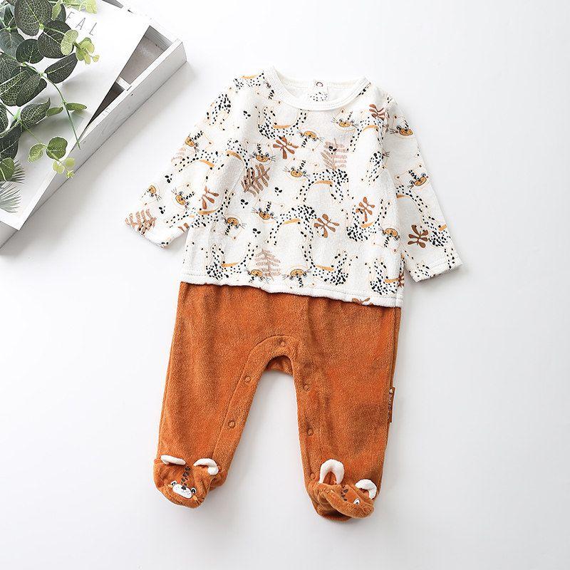 French-Style 6-36m Baby Spring and Autumn Velvet Whale Floral Back-Opening Footed Romper Infant Alpaca One-Piece Crawling Suit