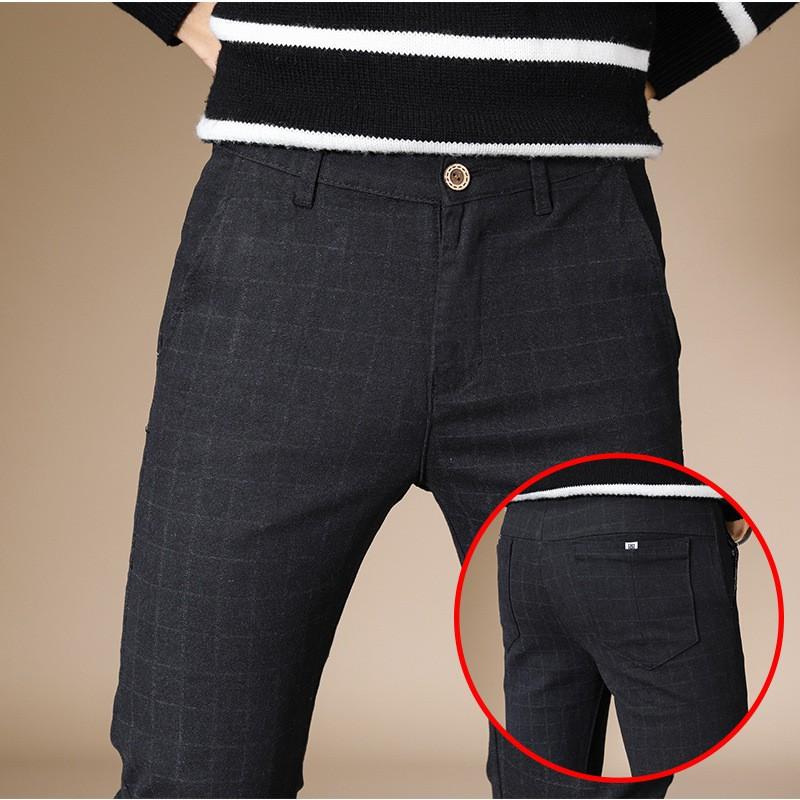 Mens Slim Fit Casual Pants Thin Stretch Long Trousers Plaid