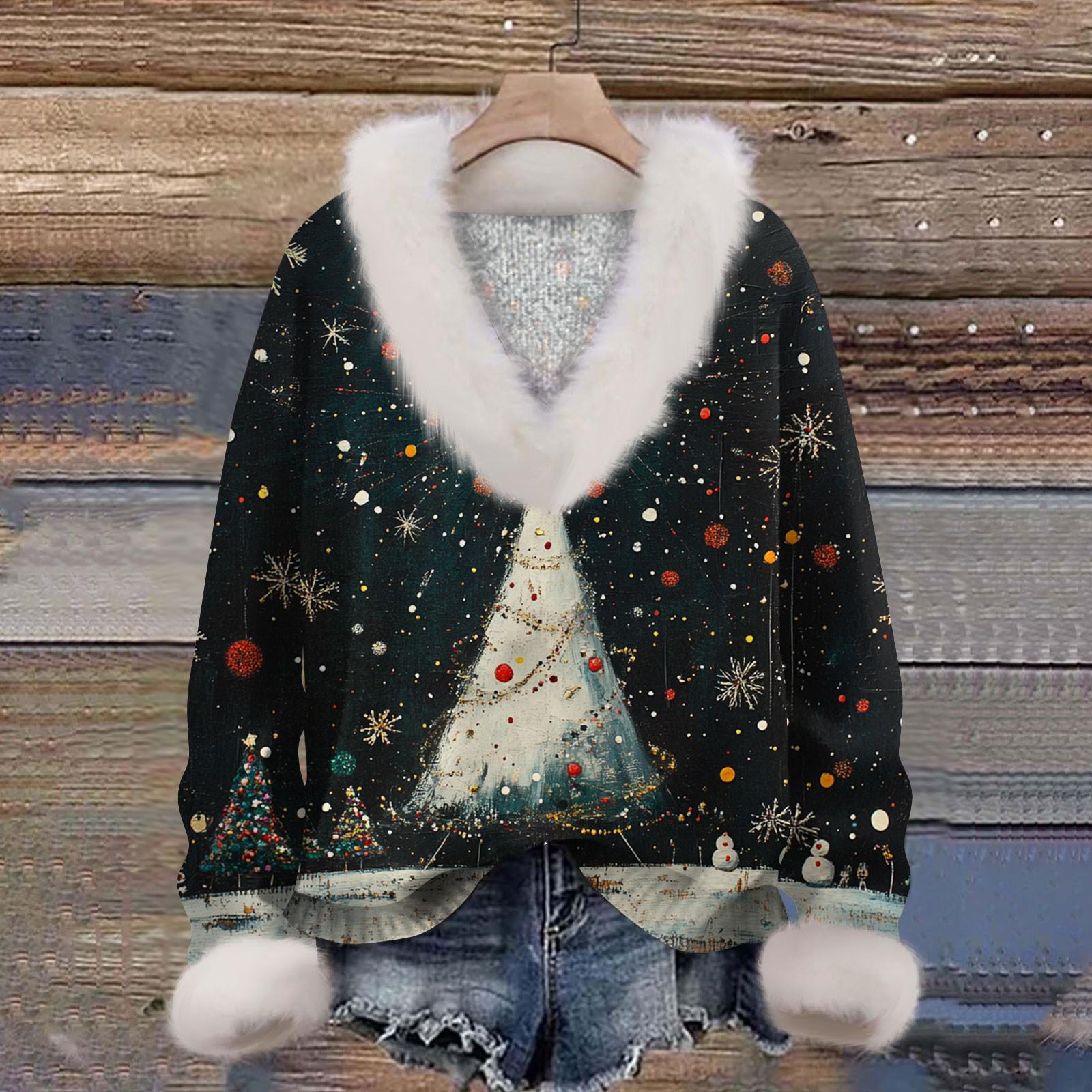 

Женская мода повседневный рождественский принт с длинным рукавом и V-образным вырезом пуловер для волос XL белый