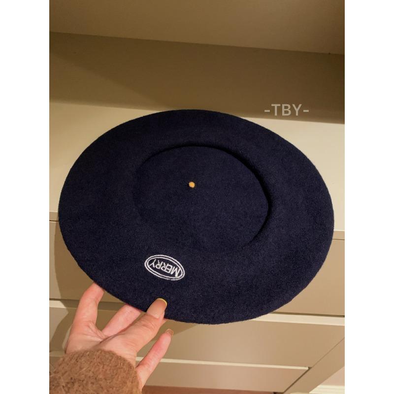 Желтая шляпа Женский открывающий лицо маленький шерстяной берет Вышитый осенне-зимний новый берет one size