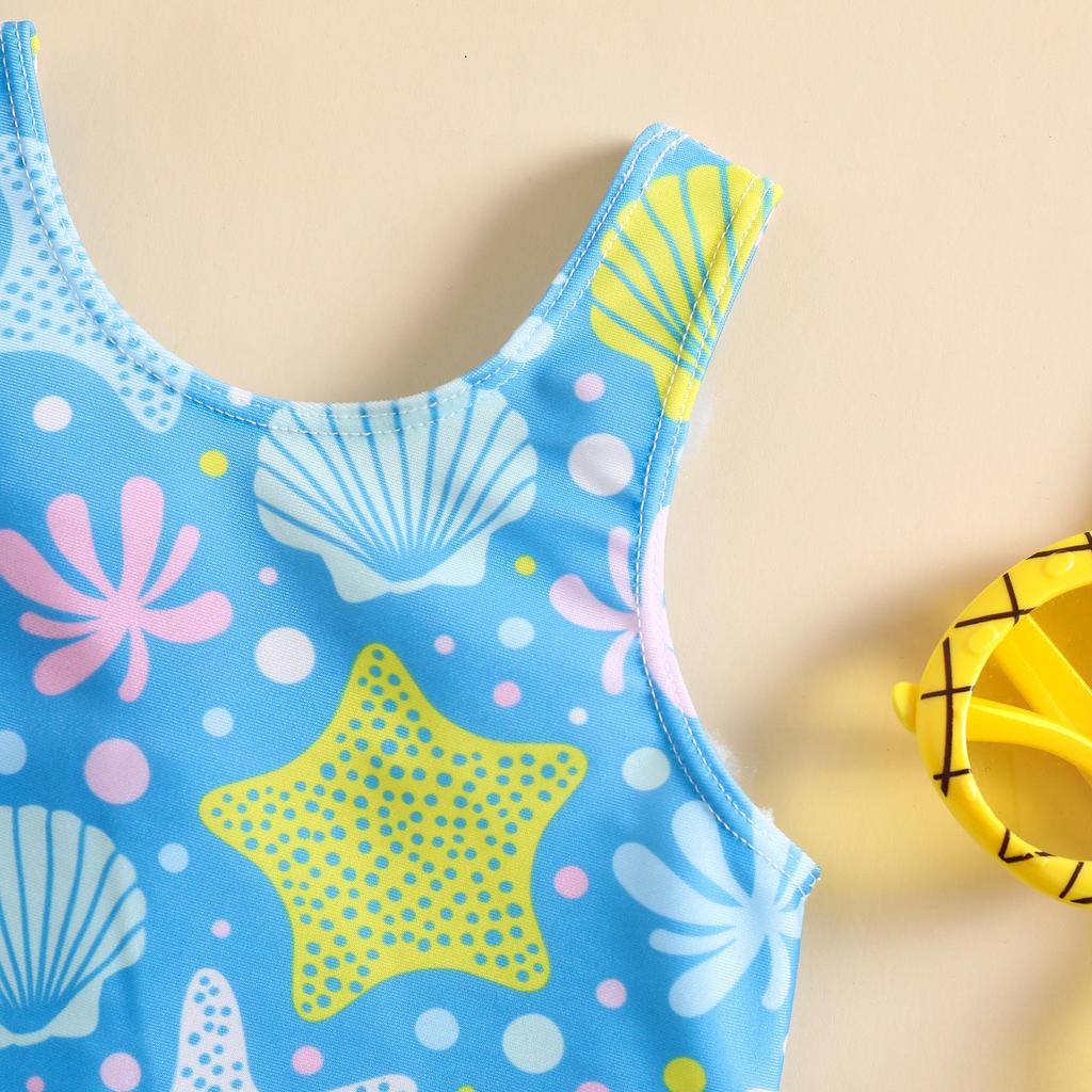Girl's Shell Print One-Piece Swimsuit with Skirt - Beach & Sunscreen Ready