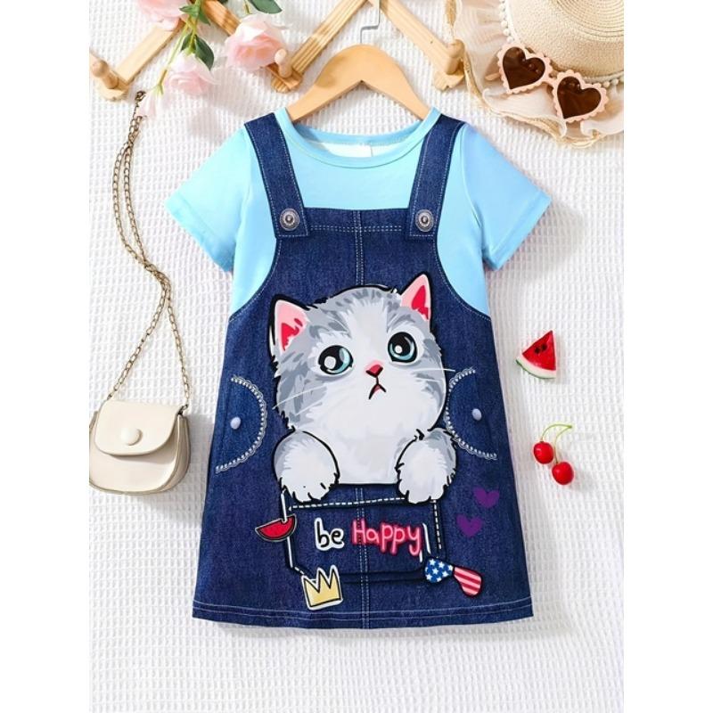 Funny Strap Print Girl Clothes Children Dresses Summer Kids Clothes Round Neck Streetwear Girl Dresses Cartoon Cute Girl Outfits