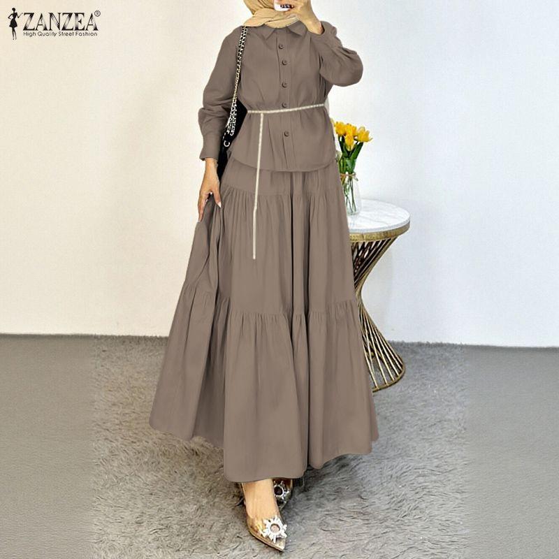 ZANZEA Damen Langarmbluse und Lange Röcke Lässige Zweiteiler Anzugsets