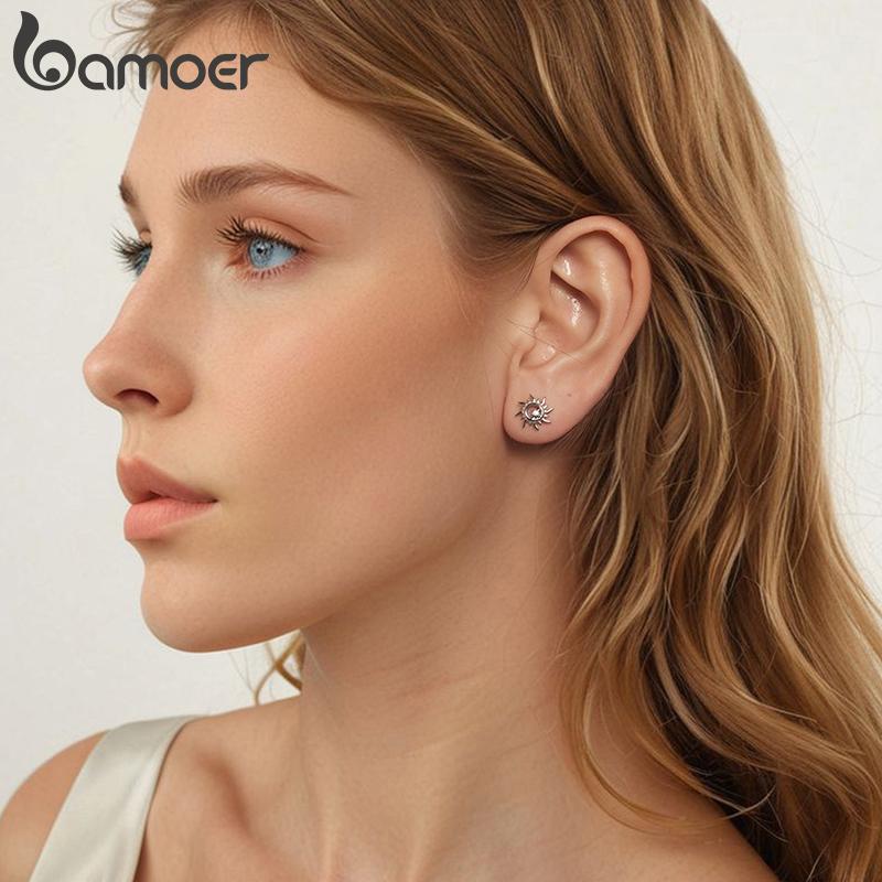 Bamoer Solid 925 Sterling Silver Chic Sun Stud Earrings Dainty Casual Earrings for Women Hypoallergenic Jewelry