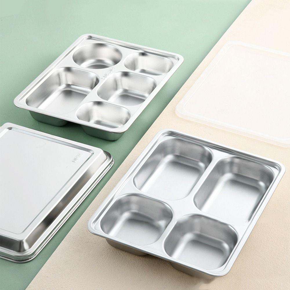 Stainless Steel Divided Lunch Box with Lid Lunch Container Fast Food Plate  Kitchen Tableware