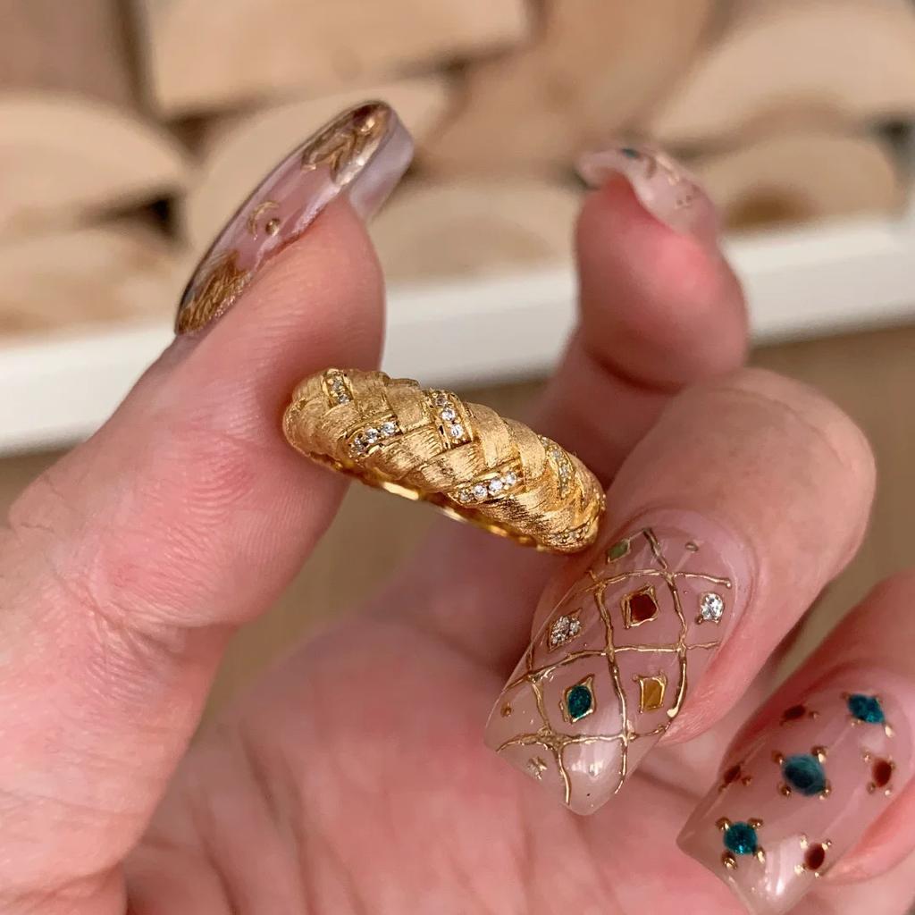 Retro Gentle Style Brushed Craft Wheat Rings for Women Silver  Inlaid Diamond New In Wide Ring Couple Style Banquet