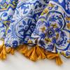 Women's Ethnic Print Scarf with Tassel Fringe LightweightMulti-Functional Shawl for Warmth, & Style - Blue & White Bohemian Design for Casual Outings
