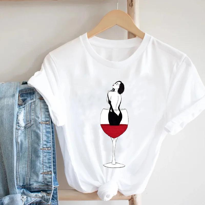 

Womens round Neck Graphic TShirt White Red Wine Glass Butterfly Print Aesthetic Harajuku Top Casual Graphic Shirts 4XL
